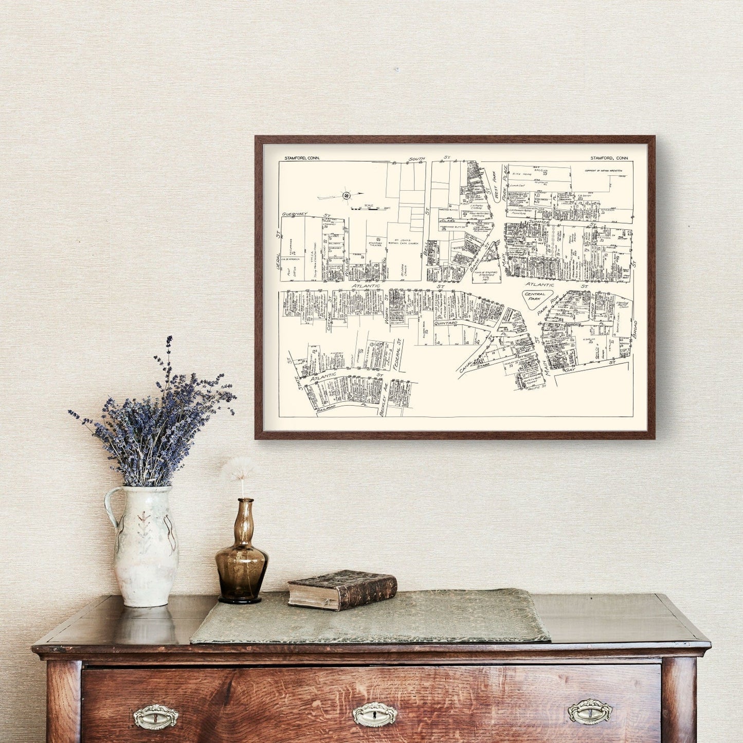 Vintage Map of Stamford, Connecticut Business Section, 1929