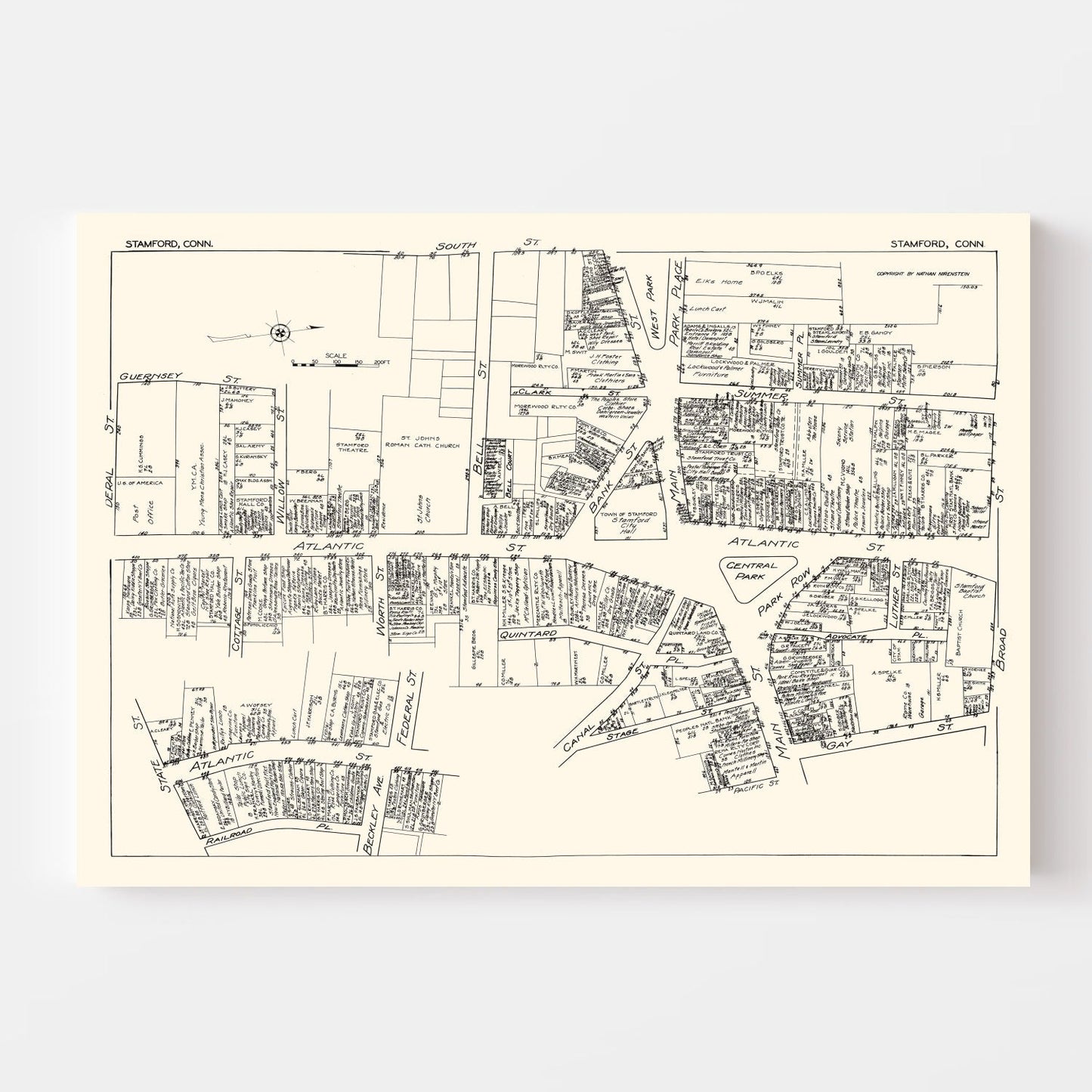 Vintage Map of Stamford, Connecticut Business Section, 1929
