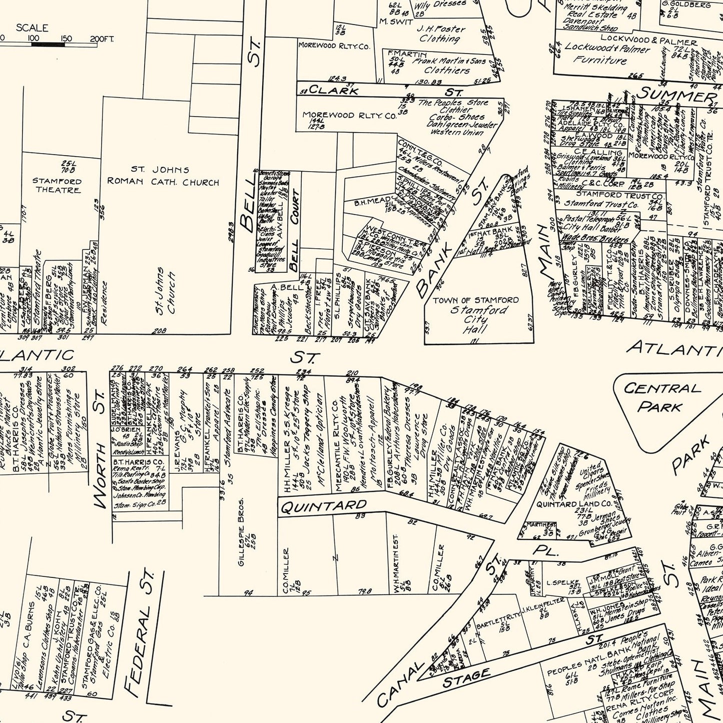Vintage Map of Stamford, Connecticut Business Section, 1929