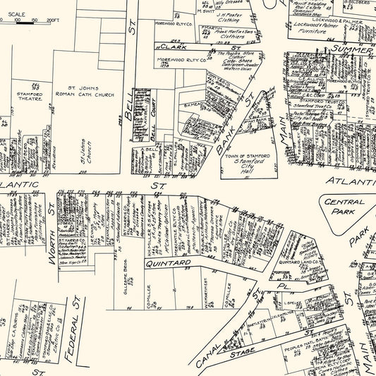 Vintage Map of Stamford, Connecticut Business Section, 1929