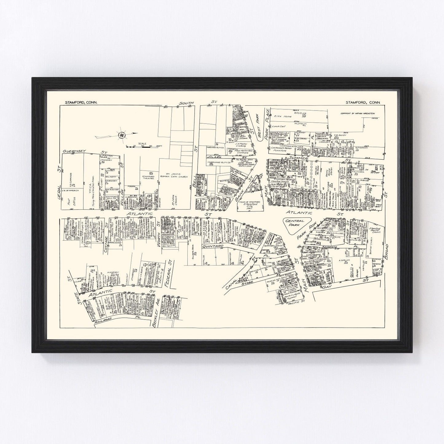 Vintage map of Stamford, Connecticut business section, 1929