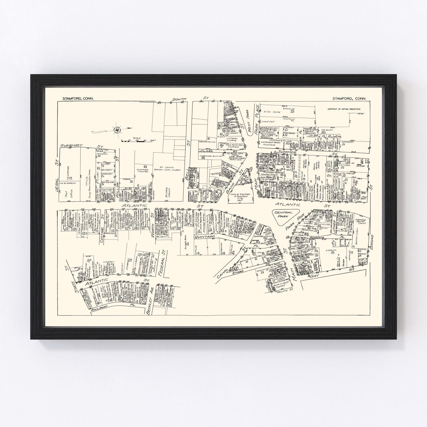 Vintage map of Stamford, Connecticut business section, 1929