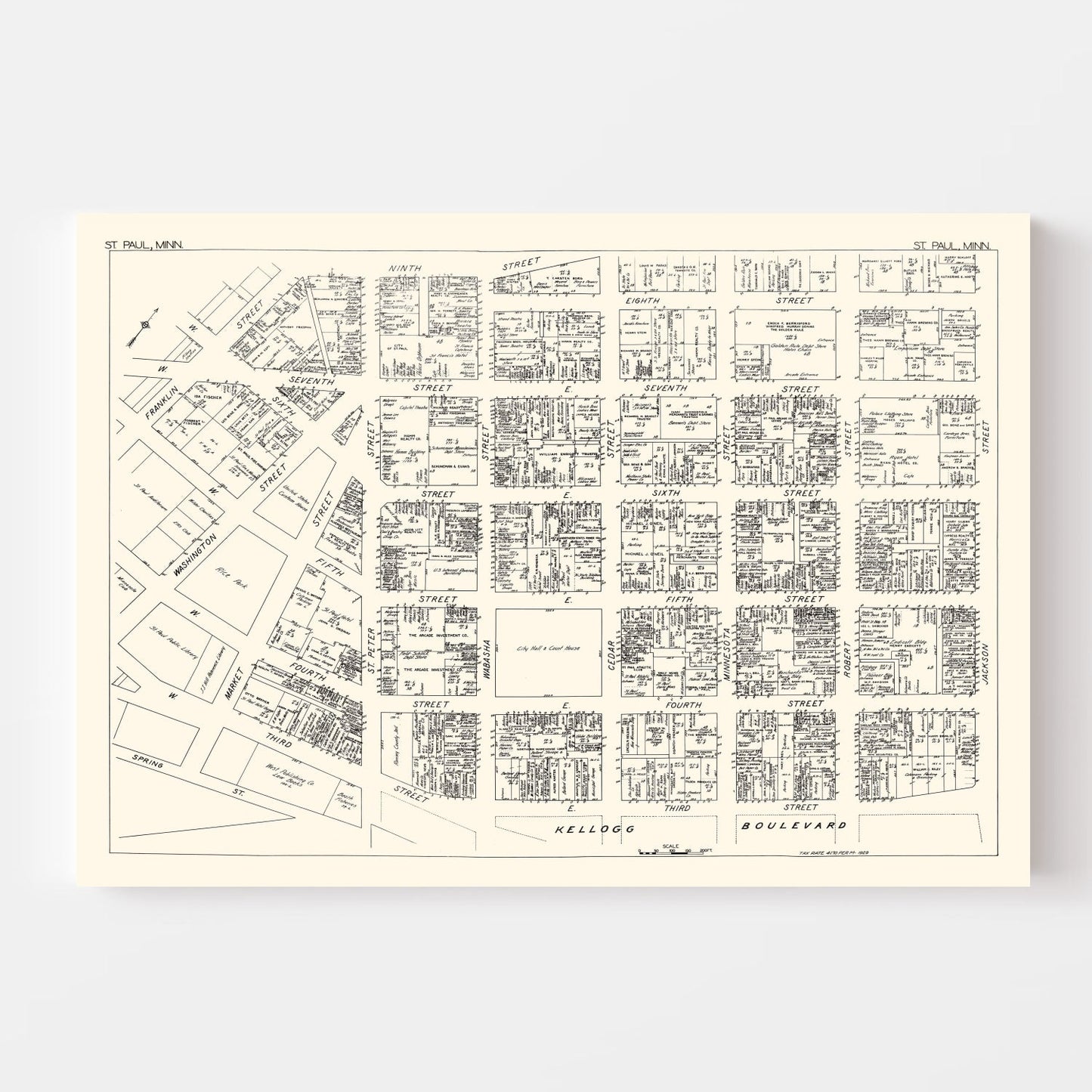 Vintage Map of St. Paul, Minnesota Business Section, 1929