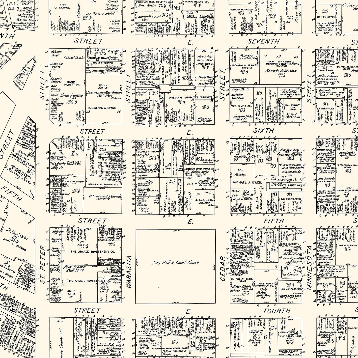 Vintage Map of St. Paul, Minnesota Business Section, 1929