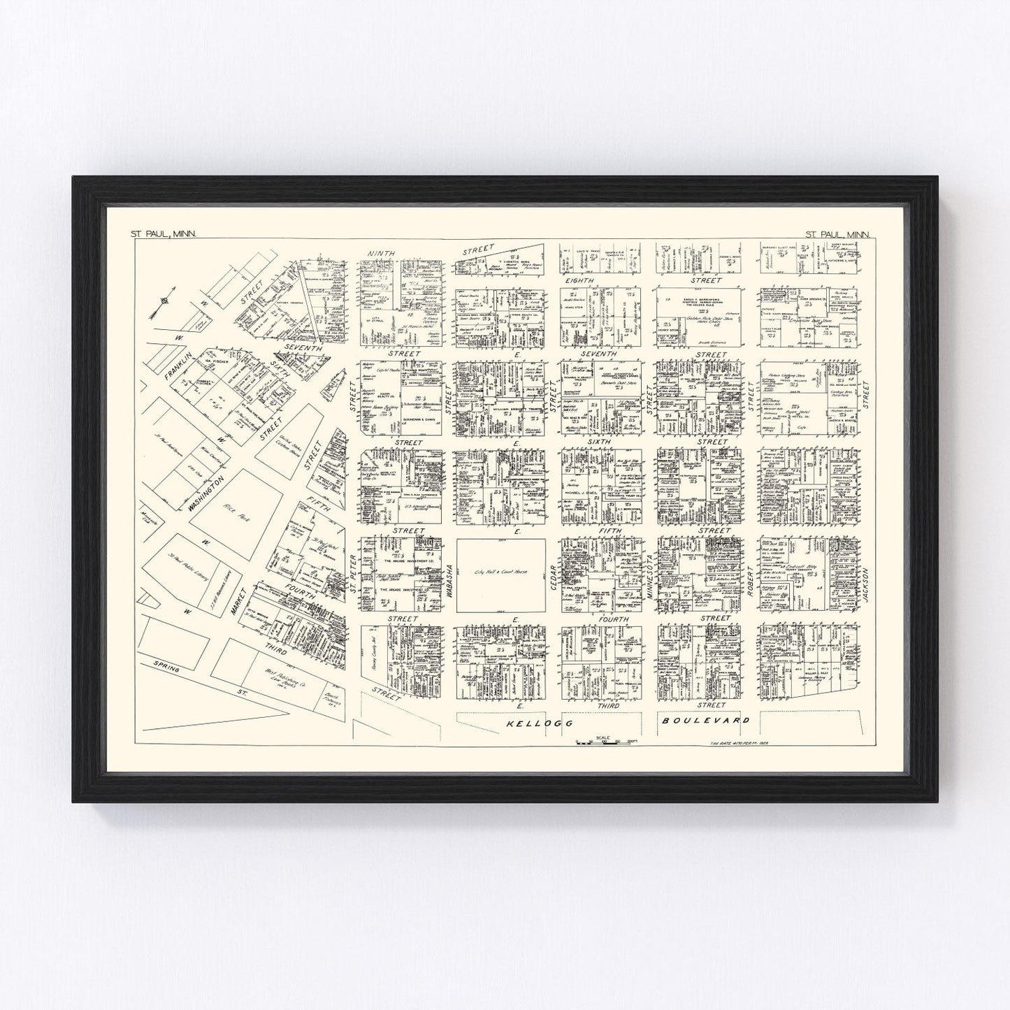Vintage map of St. Paul, Minnesota business section, 1929