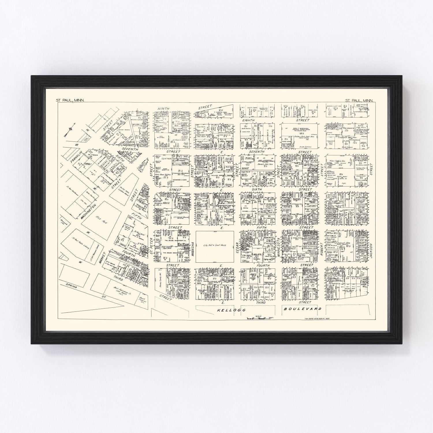 Vintage map of St. Paul, Minnesota business section, 1929