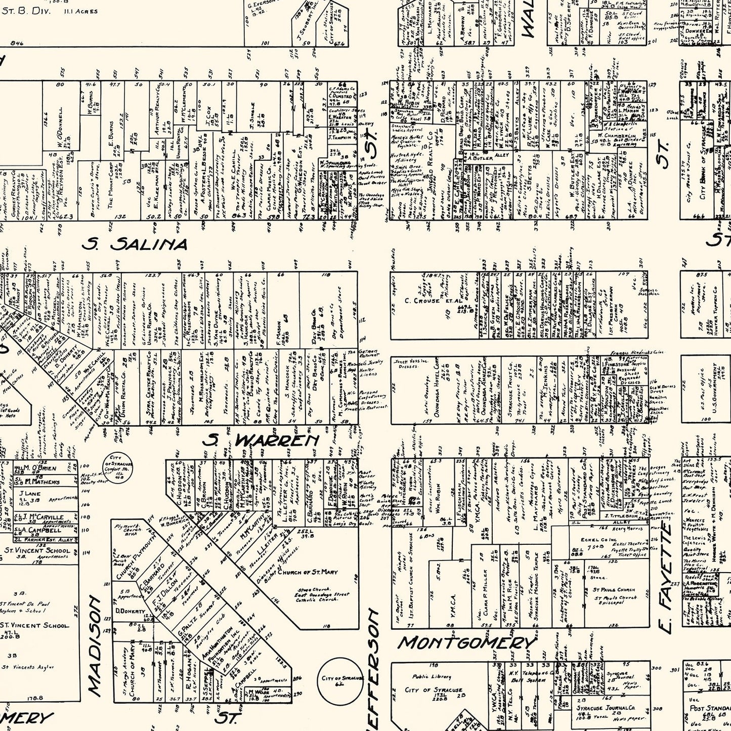 Vintage Map of Syracuse, New York Business Section, 1929