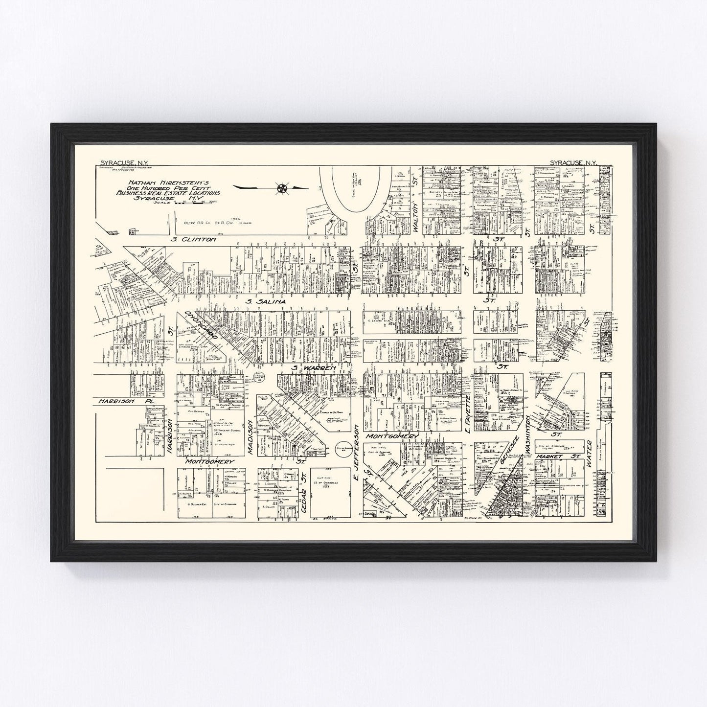 Vintage map of Syracuse, New York business section, 1929