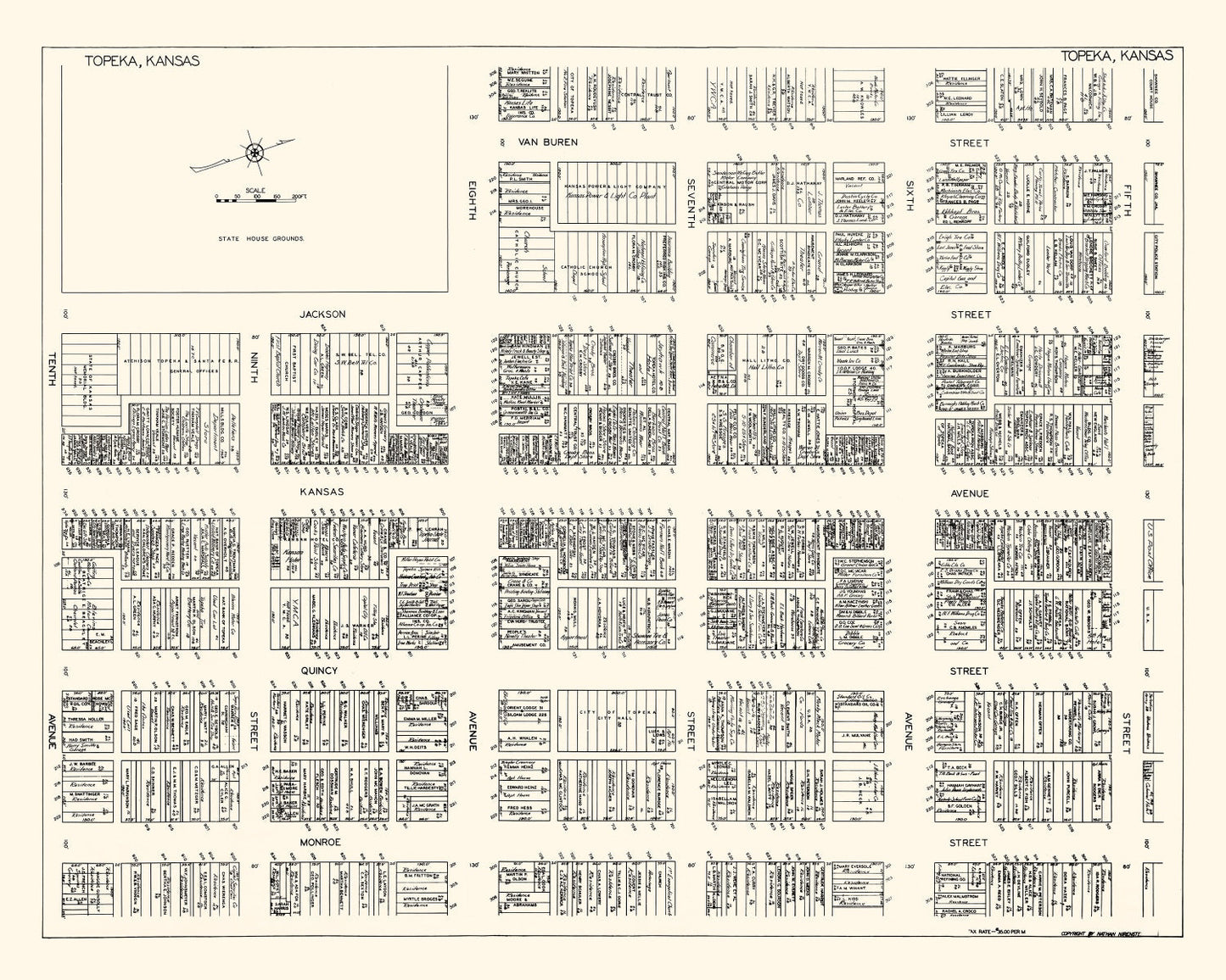 Vintage Map of Topeka, Kansas Business Section, 1929