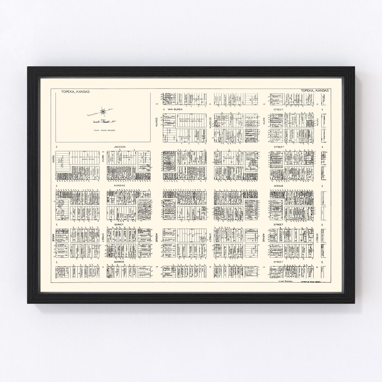 Vintage map of Topeka, Kansas business section, 1929