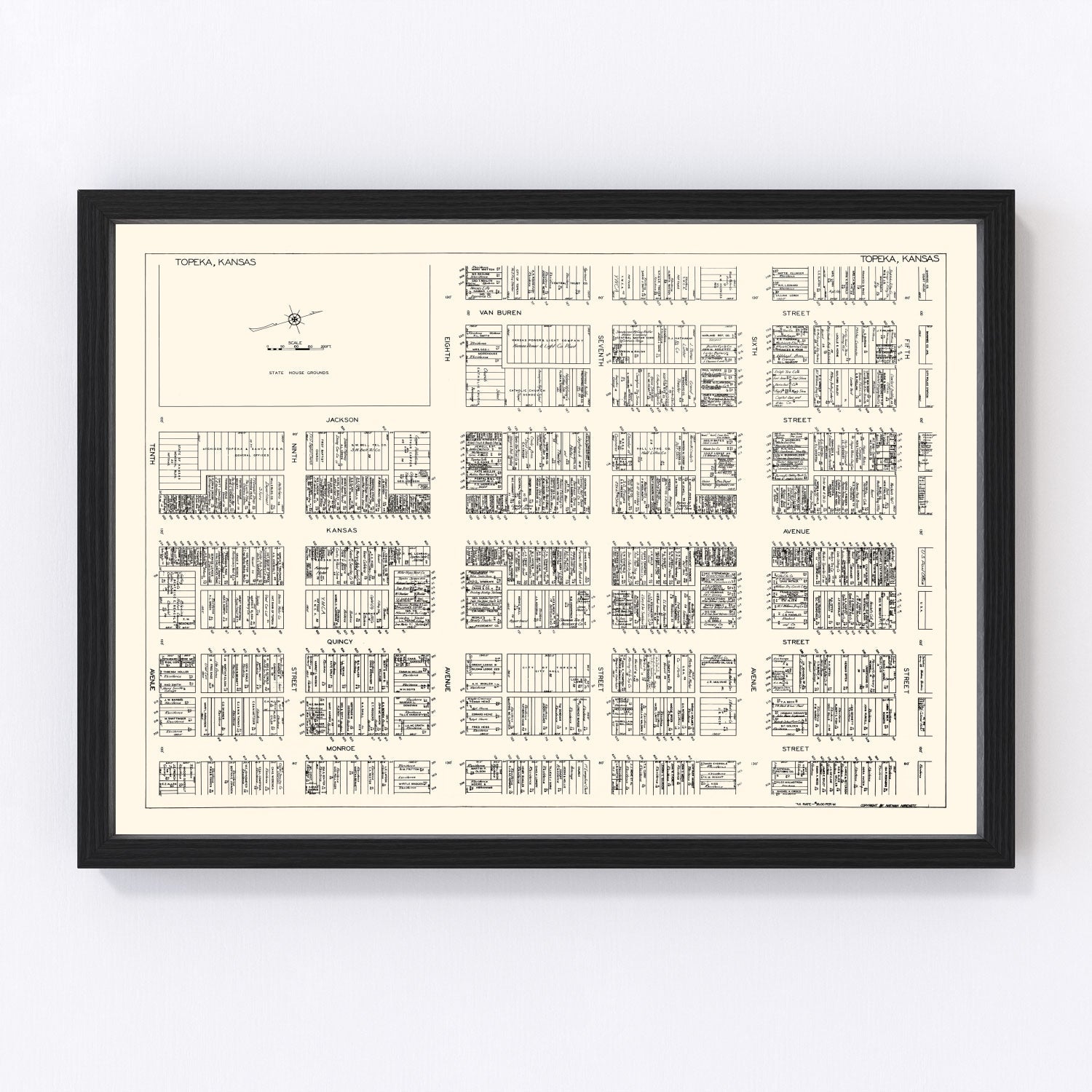 Vintage map of Topeka, Kansas business section, 1929