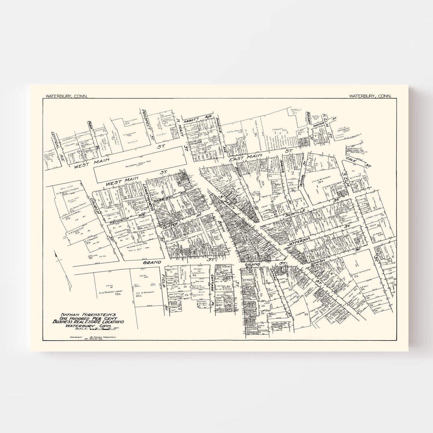 Vintage Map of Waterbury, CT Business Section 1929
