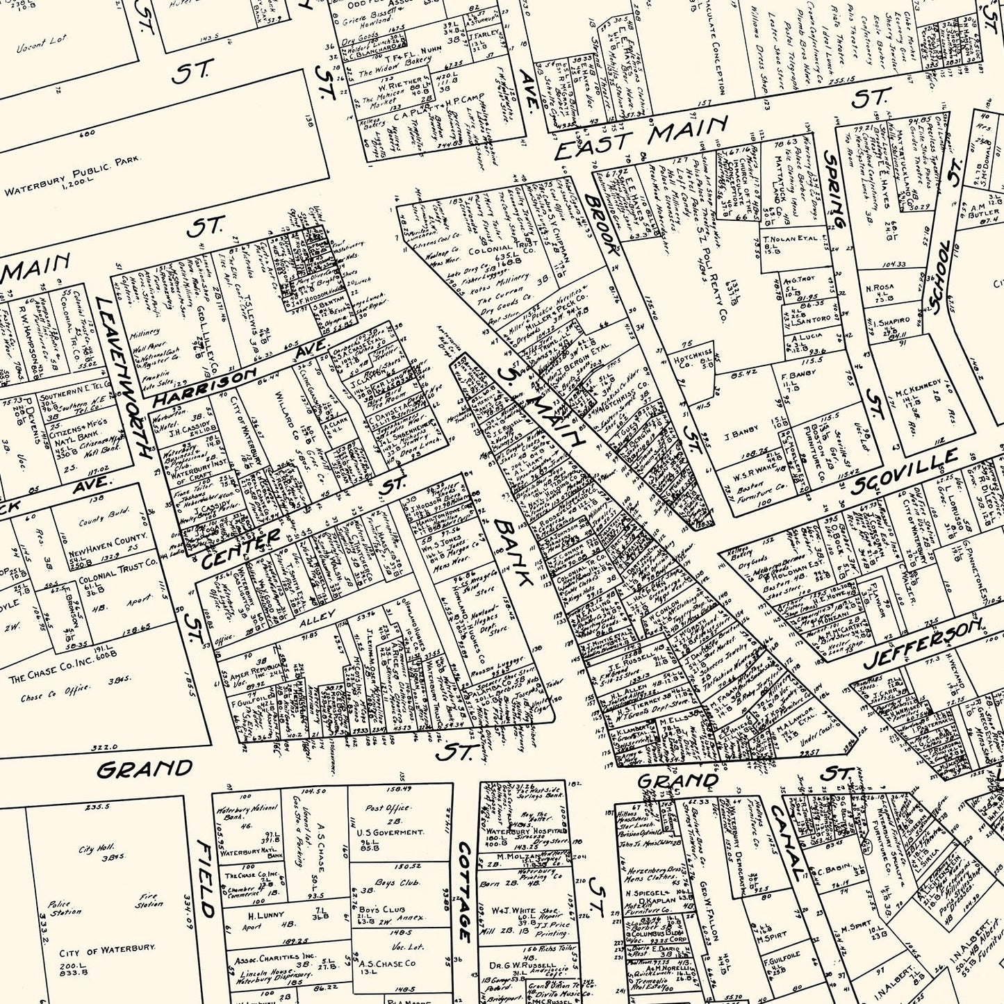 Vintage Map of Waterbury, CT Business Section 1929