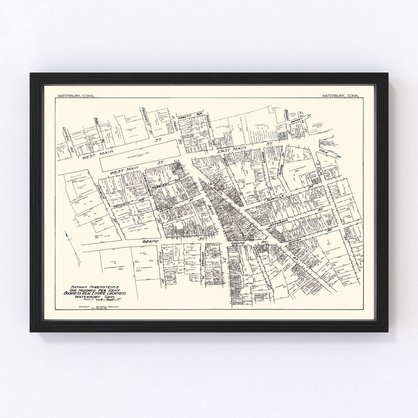 Vintage map of Waterbury CT business section, 1929 - downtown restored print