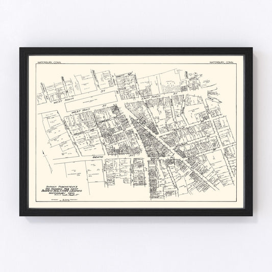 Vintage map of Waterbury CT business section, 1929 - downtown restored print
