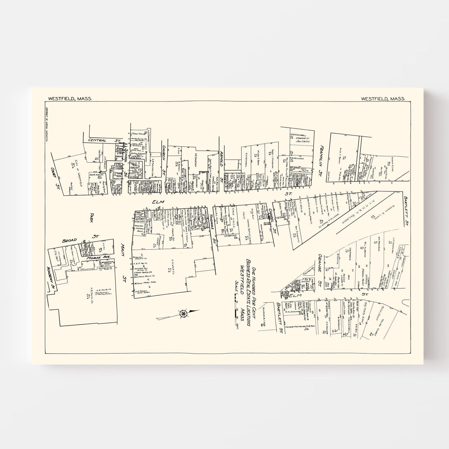 Vintage Map of Westfield, Massachusetts Business Section, 1929