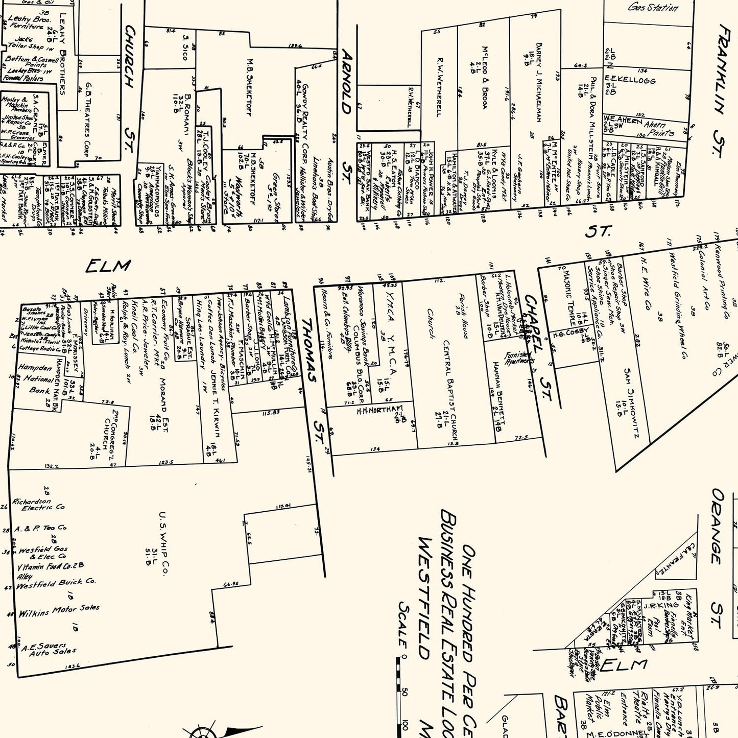 Vintage Map of Westfield, Massachusetts Business Section, 1929