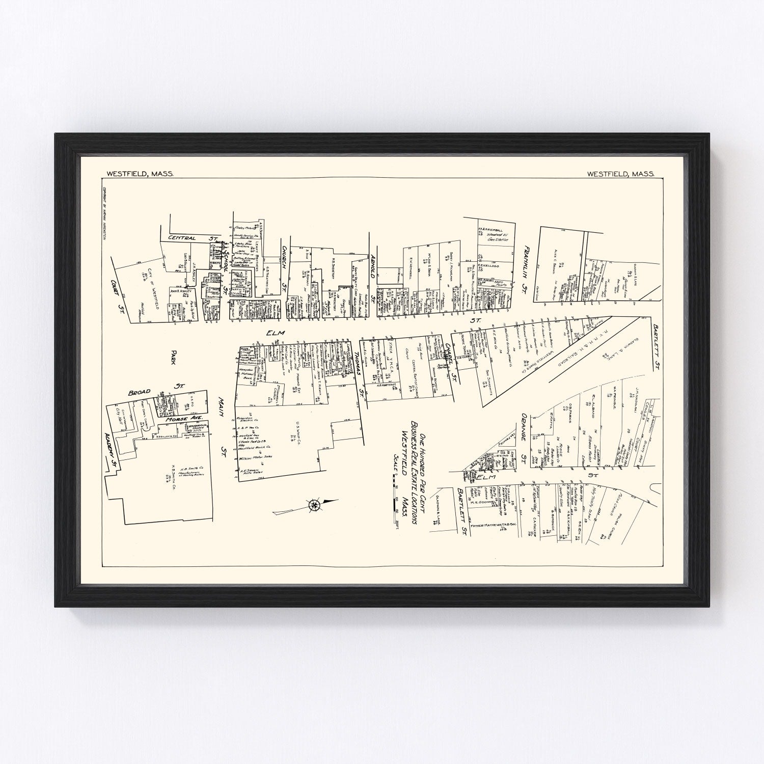 Vintage map of Westfield MA business section, 1929, downtown commercial district