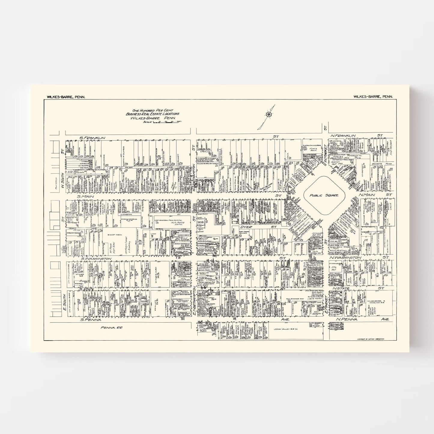 Vintage Map of Wilkes-Barre, Pennsylvania Business Section, 1929