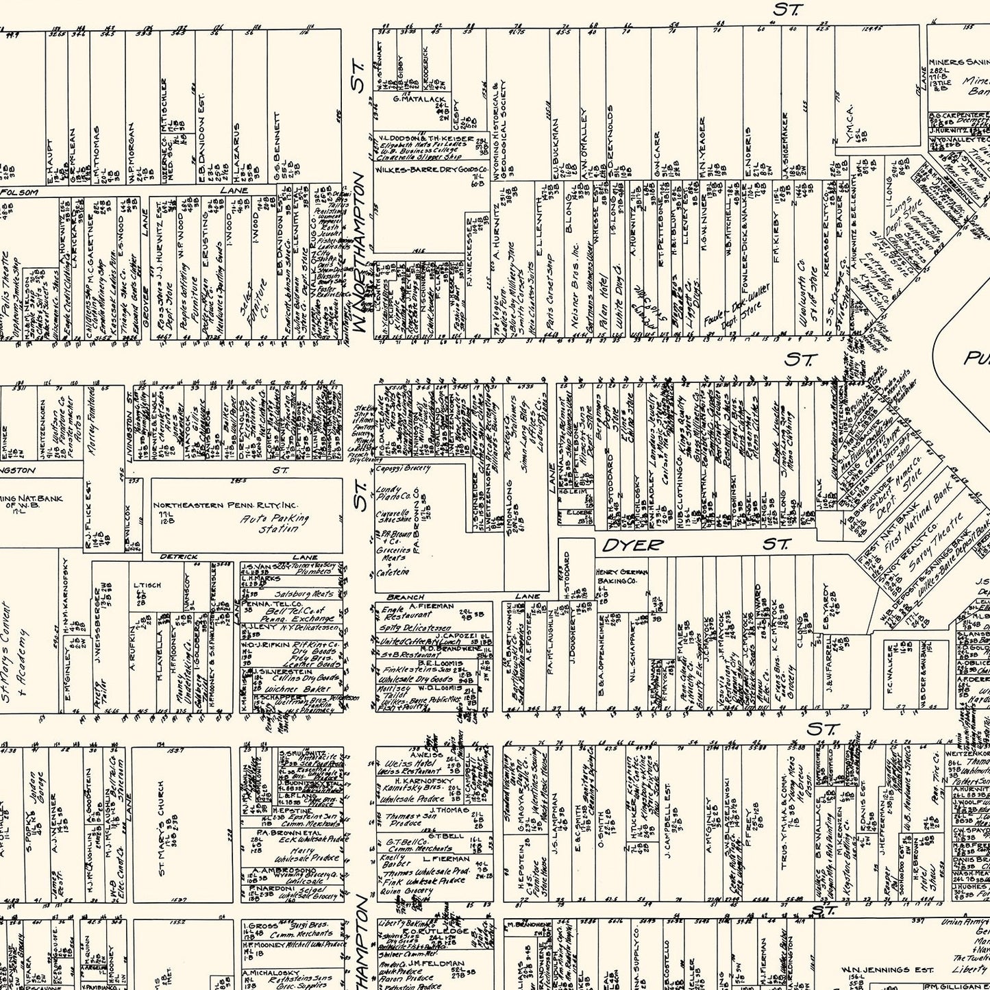 Vintage Map of Wilkes-Barre, Pennsylvania Business Section, 1929