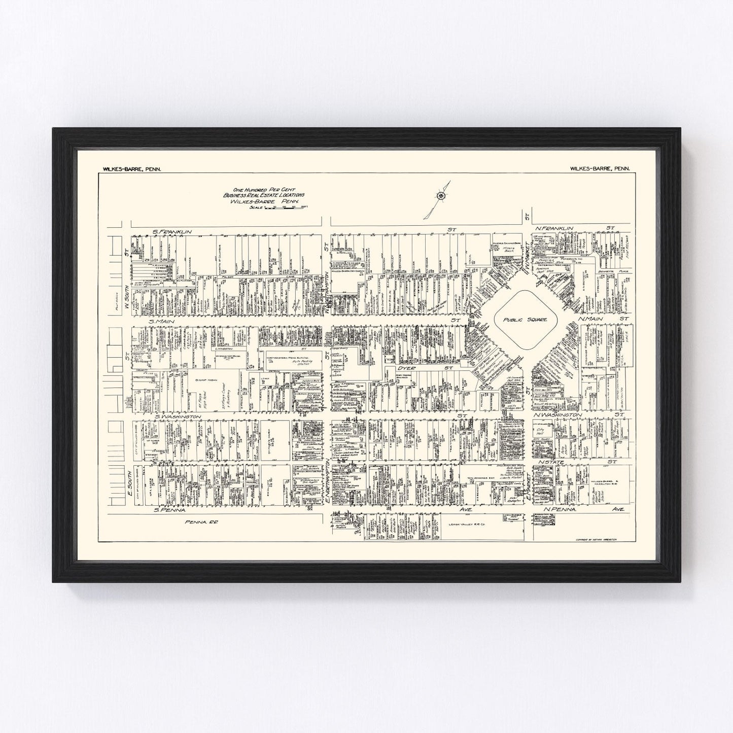 Vintage map of Wilkes-Barre PA business section, 1929, Roaring Twenties downtown
