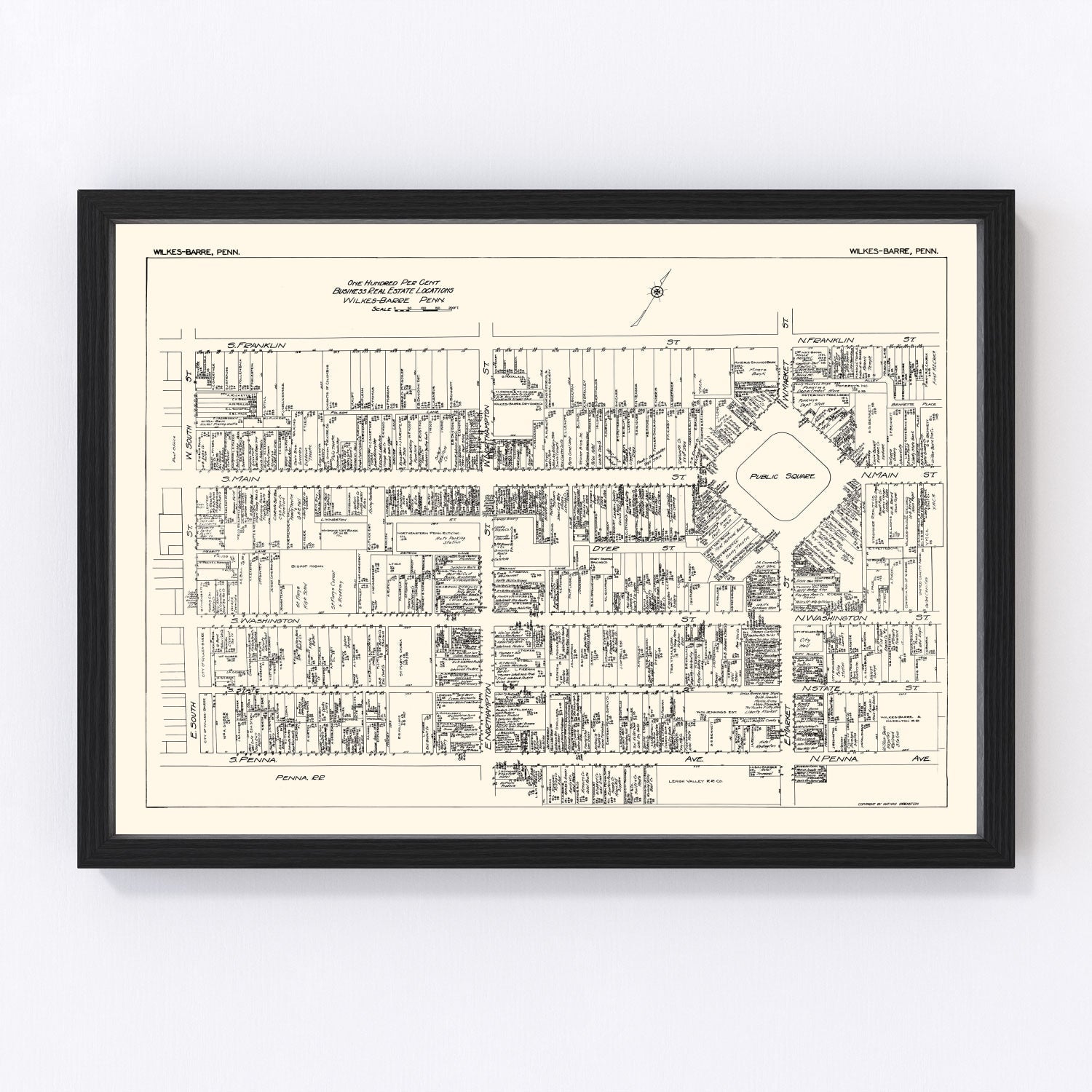 Vintage map of Wilkes-Barre PA business section, 1929, Roaring Twenties downtown