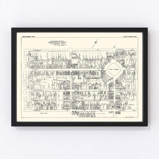 Vintage map of Wilkes-Barre PA business section, 1929, Roaring Twenties downtown