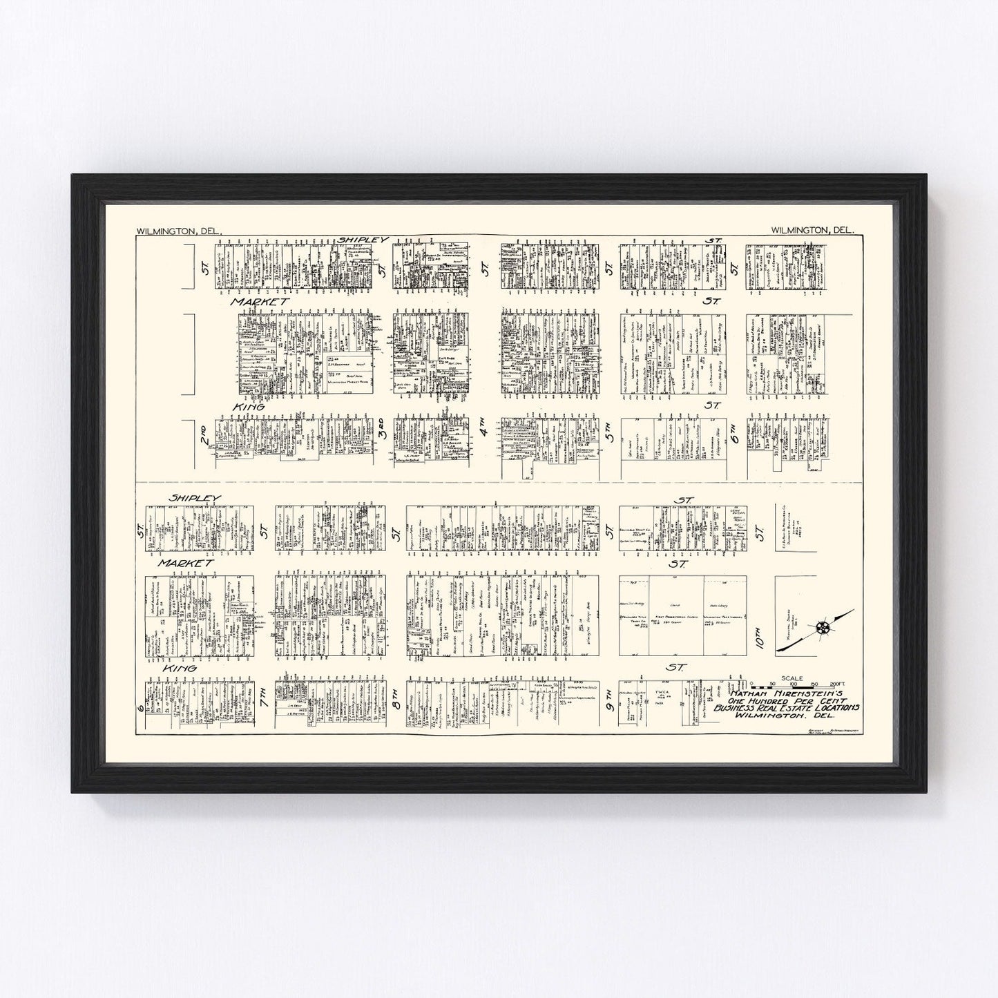 Vintage map of Wilmington, Delaware business section, 1929, 1920s era