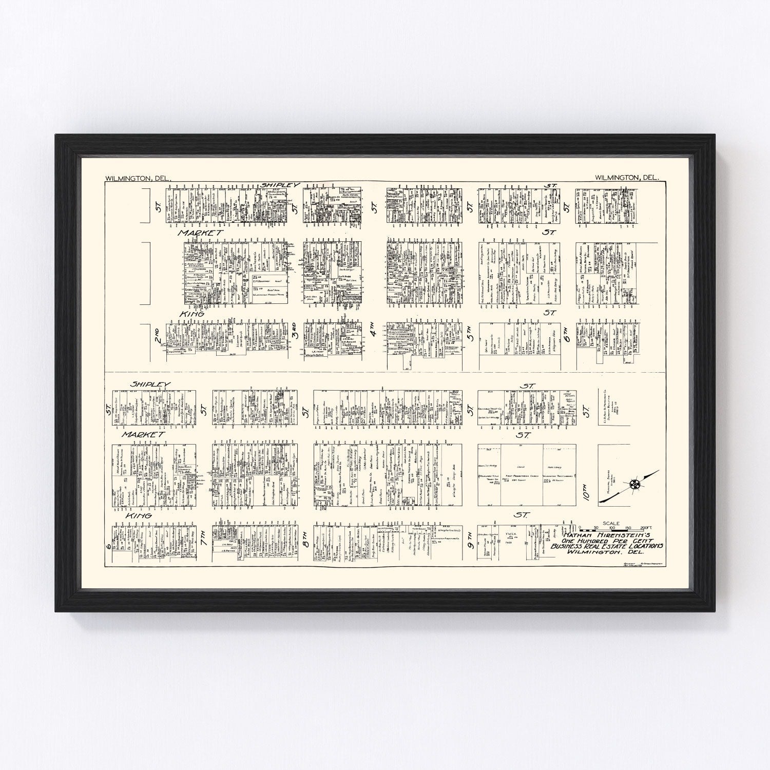 Vintage map of Wilmington, Delaware business section, 1929, 1920s era