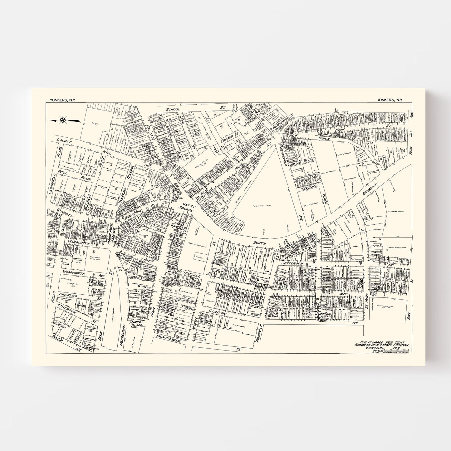 Vintage Map of Yonkers, NY Business Section, 1929