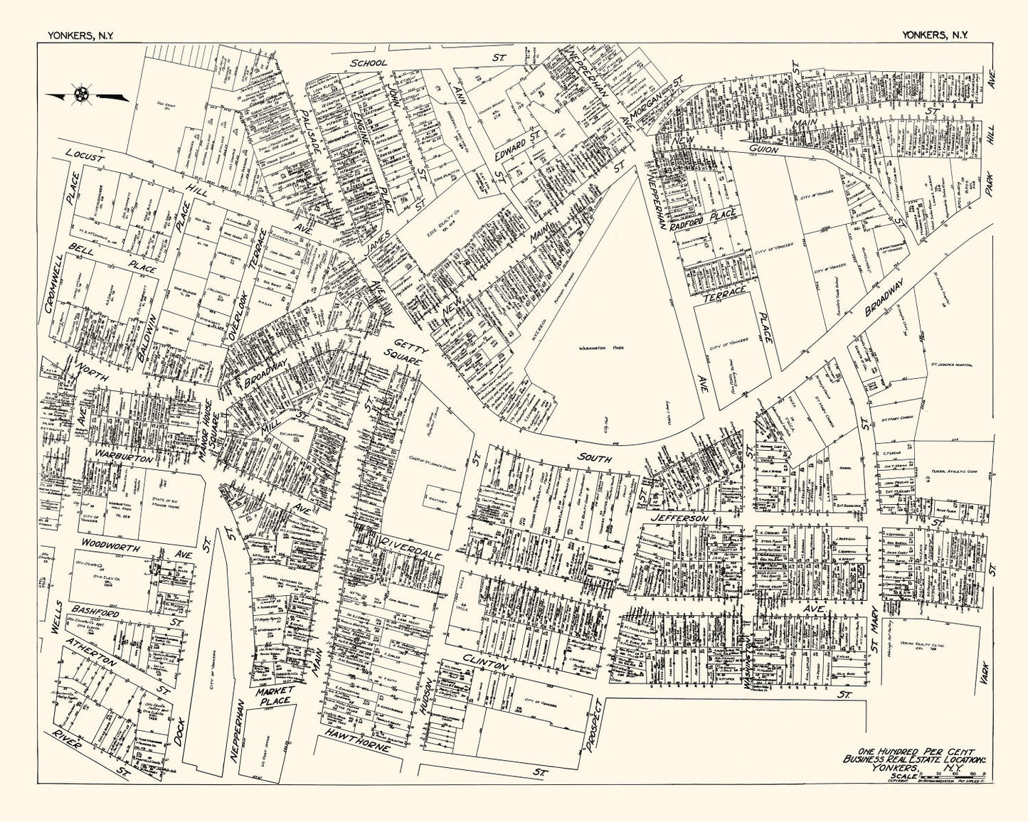 Vintage Map of Yonkers, NY Business Section, 1929