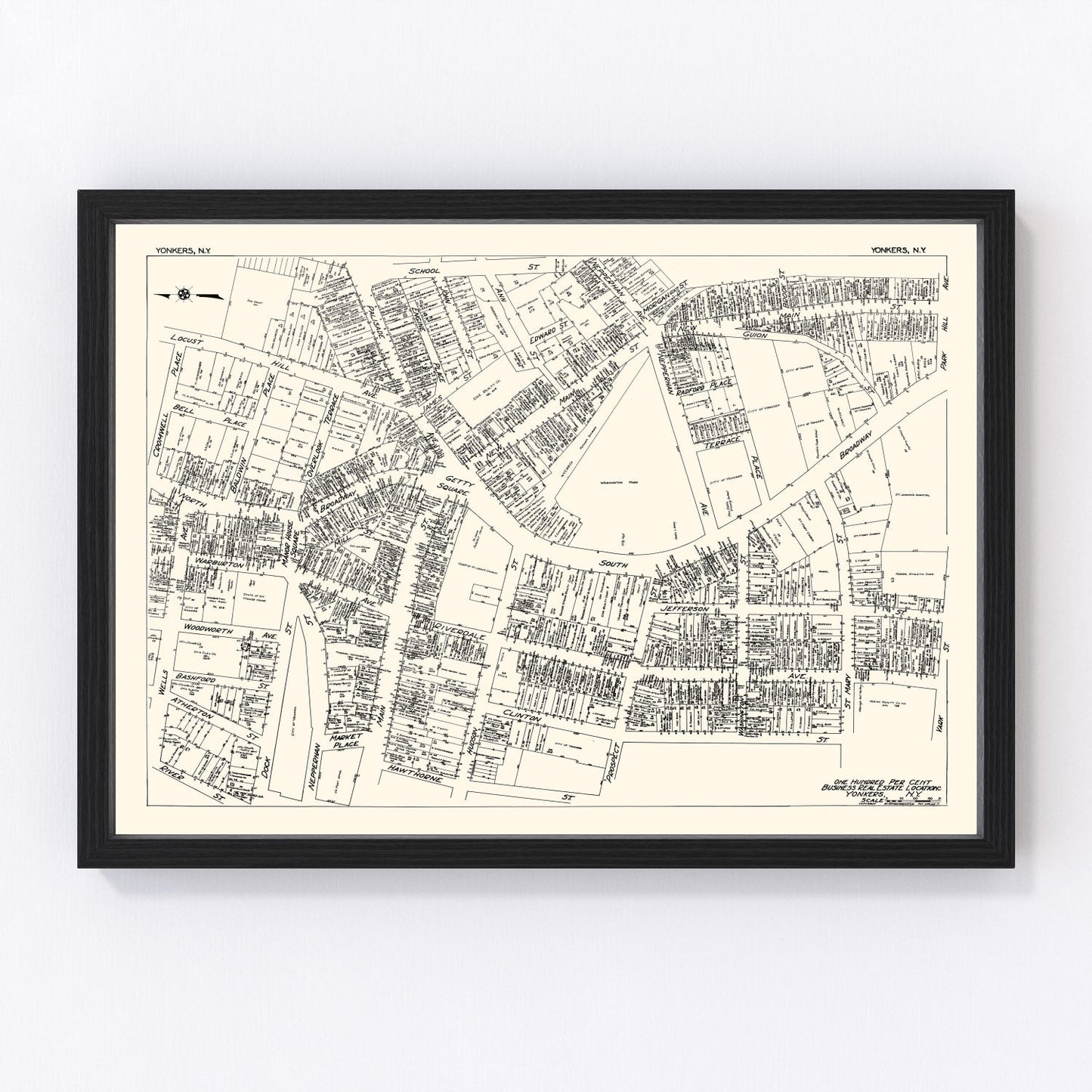 Vintage 1929 Yonkers New York business section map, digitally restored print