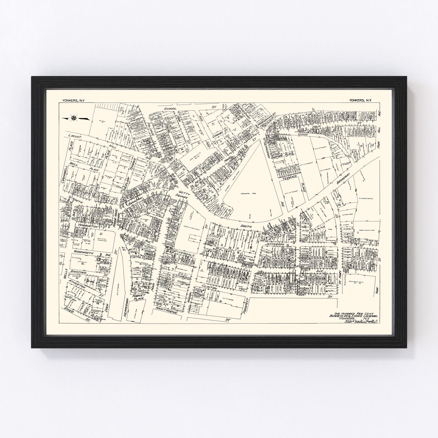 Vintage 1929 Yonkers New York business section map, digitally restored print