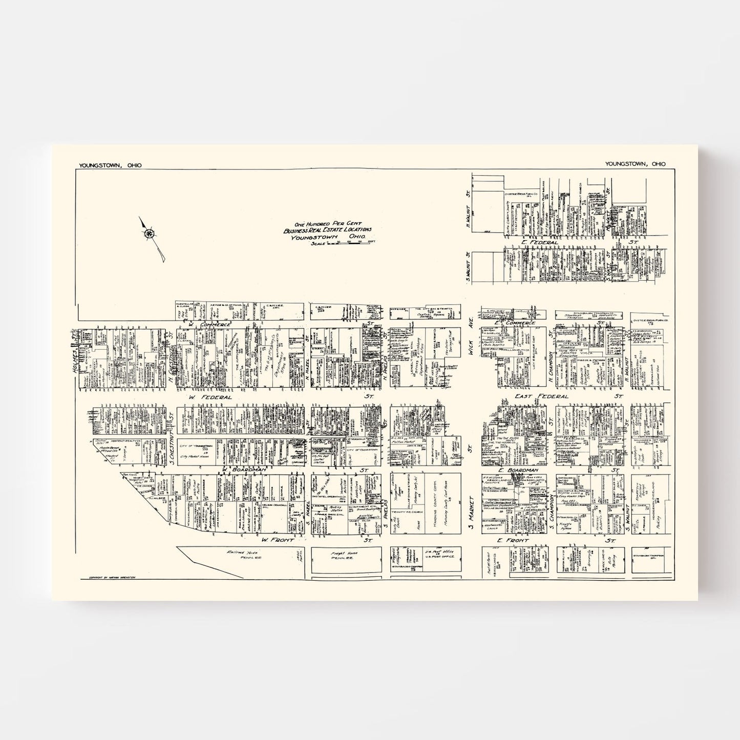 Vintage Map of Youngstown, OH, Business Section, 1929