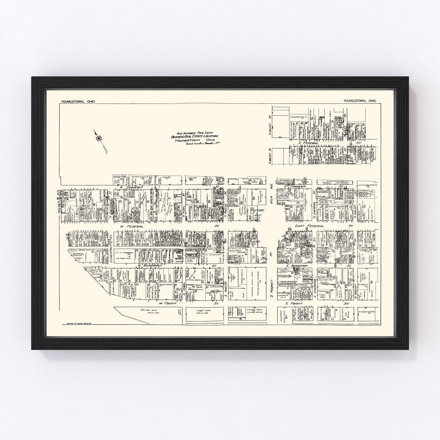 Vintage 1929 Youngstown Ohio business section map, digitally restored print