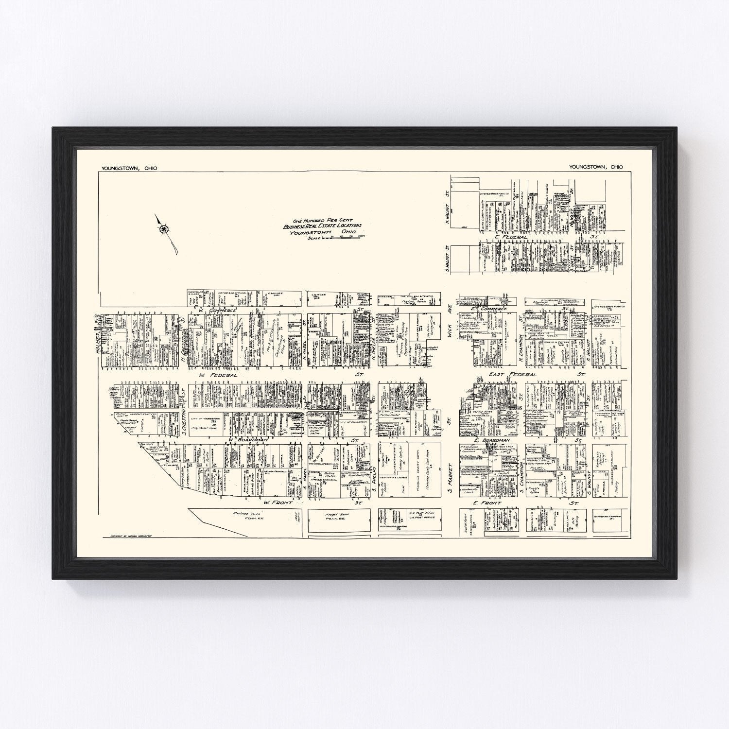 Vintage 1929 Youngstown Ohio business section map, digitally restored print