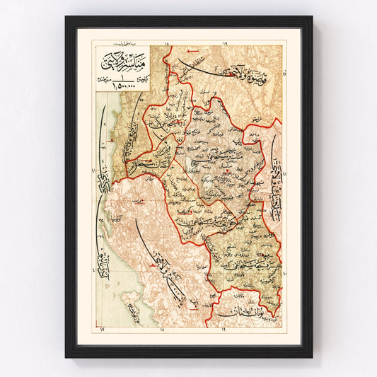 Vintage map of the Manastir region, Ottoman Empire, 1909