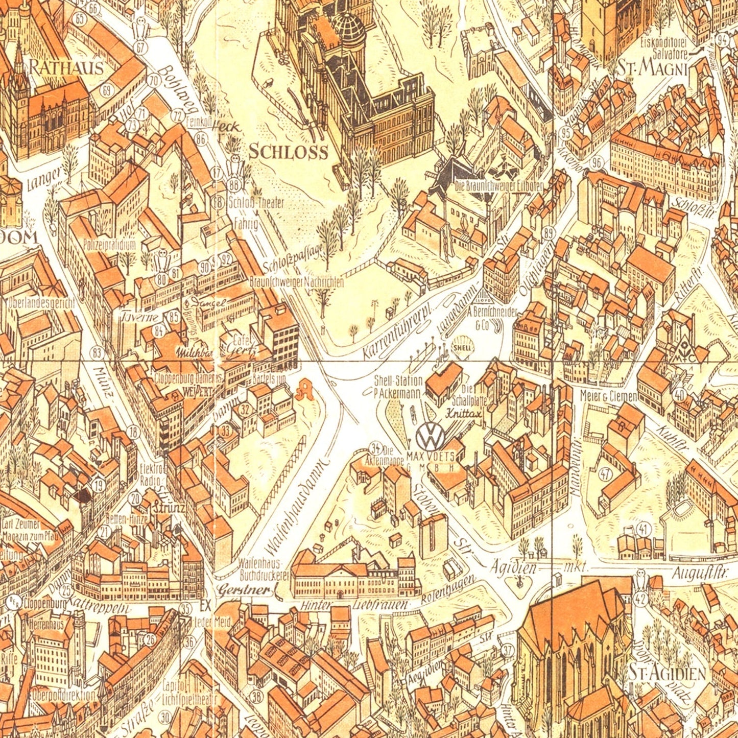 Vintage Map of Braunschweig, Germany 1954