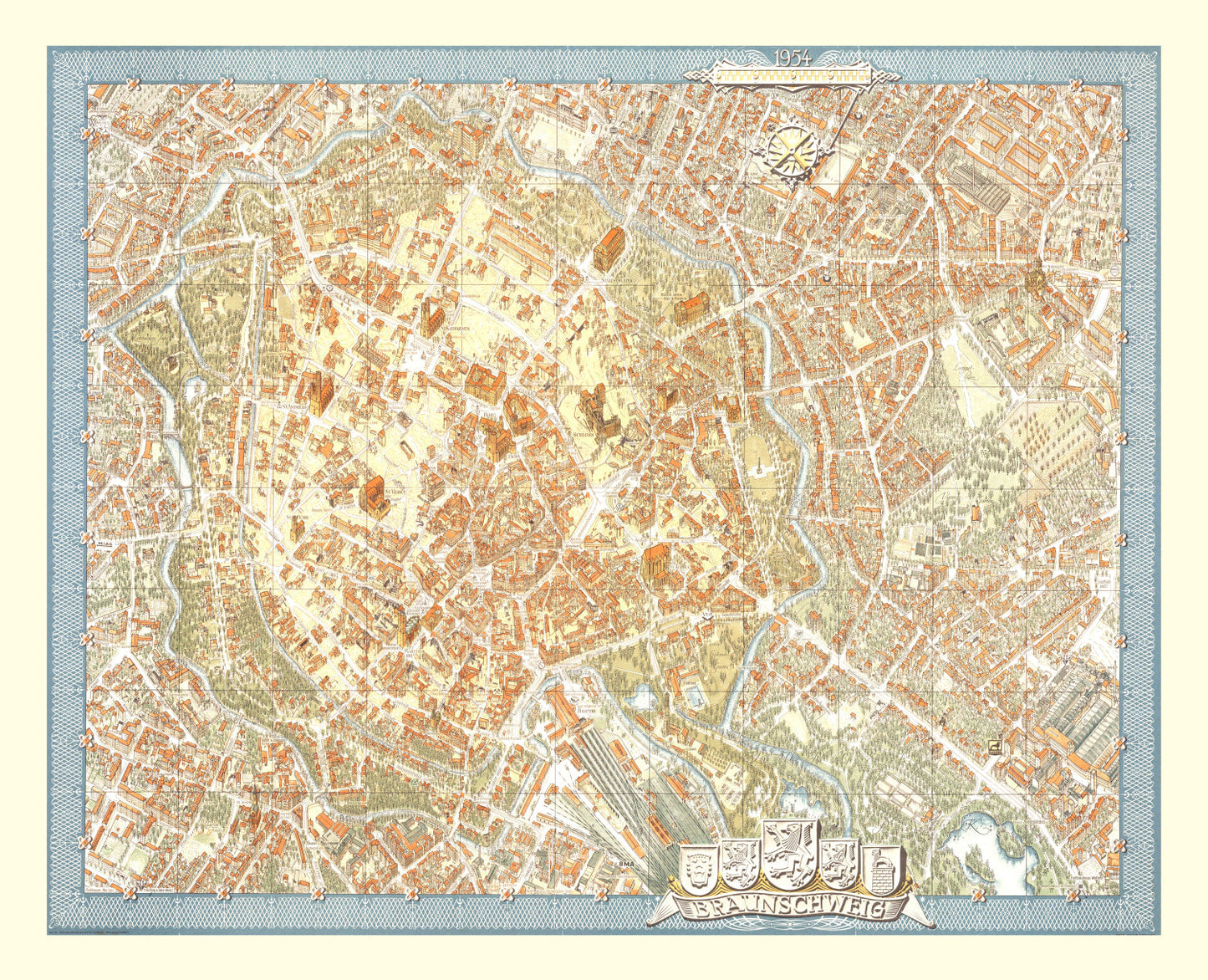Vintage Map of Braunschweig, Germany 1954