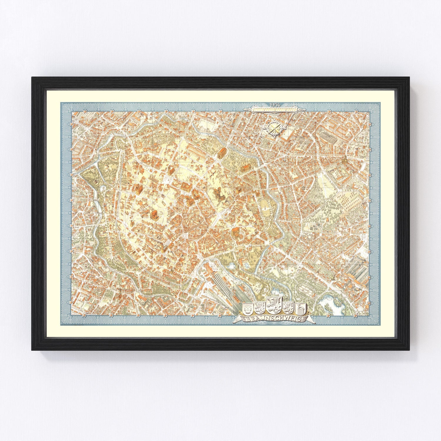 vintage map of Braunschweig Germany, 1954, restored print wall art