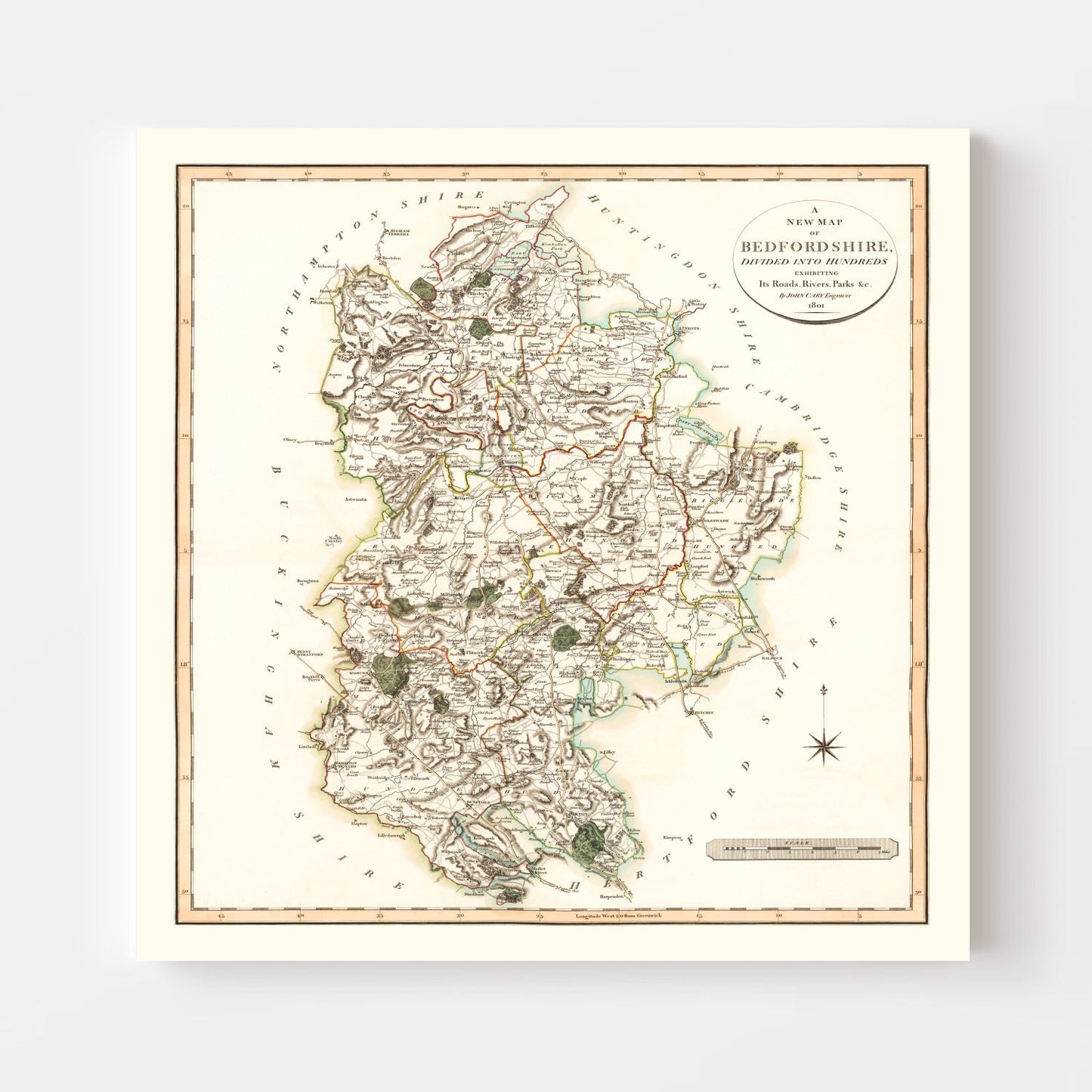 Vintage Map of Bedfordshire, England, 1801