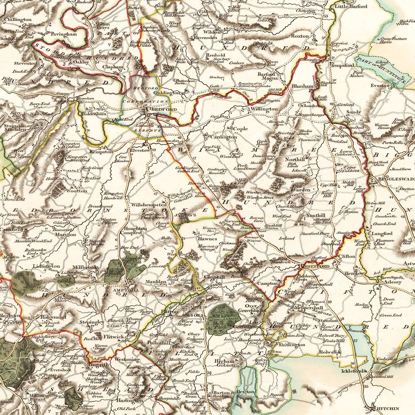 Vintage Map of Bedfordshire, England, 1801
