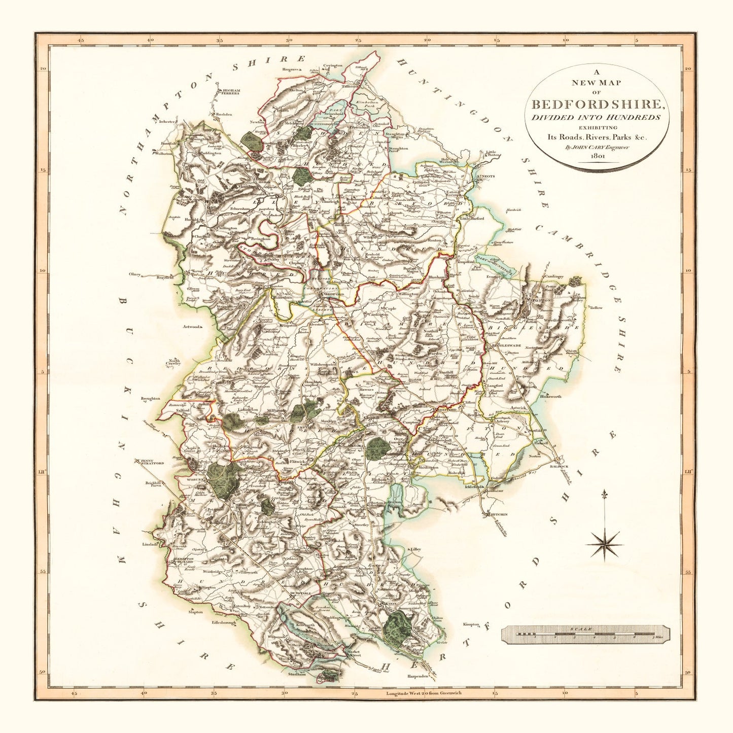 Vintage Map of Bedfordshire, England, 1801