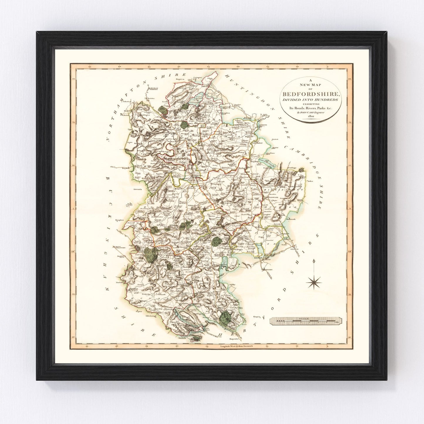 Vintage map of Bedfordshire, England, 1801