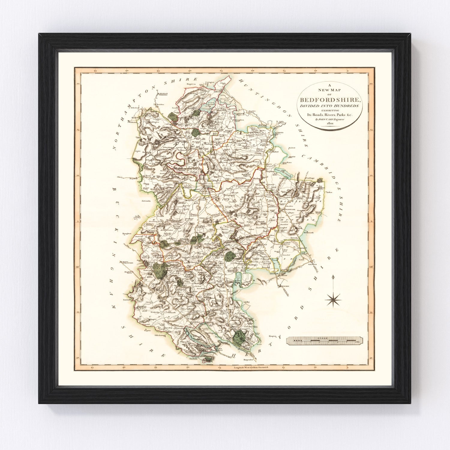 Vintage map of Bedfordshire, England, 1801