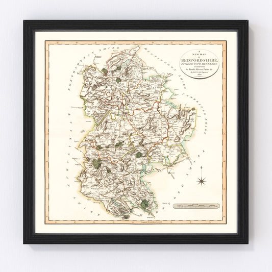 Vintage map of Bedfordshire, England, 1801