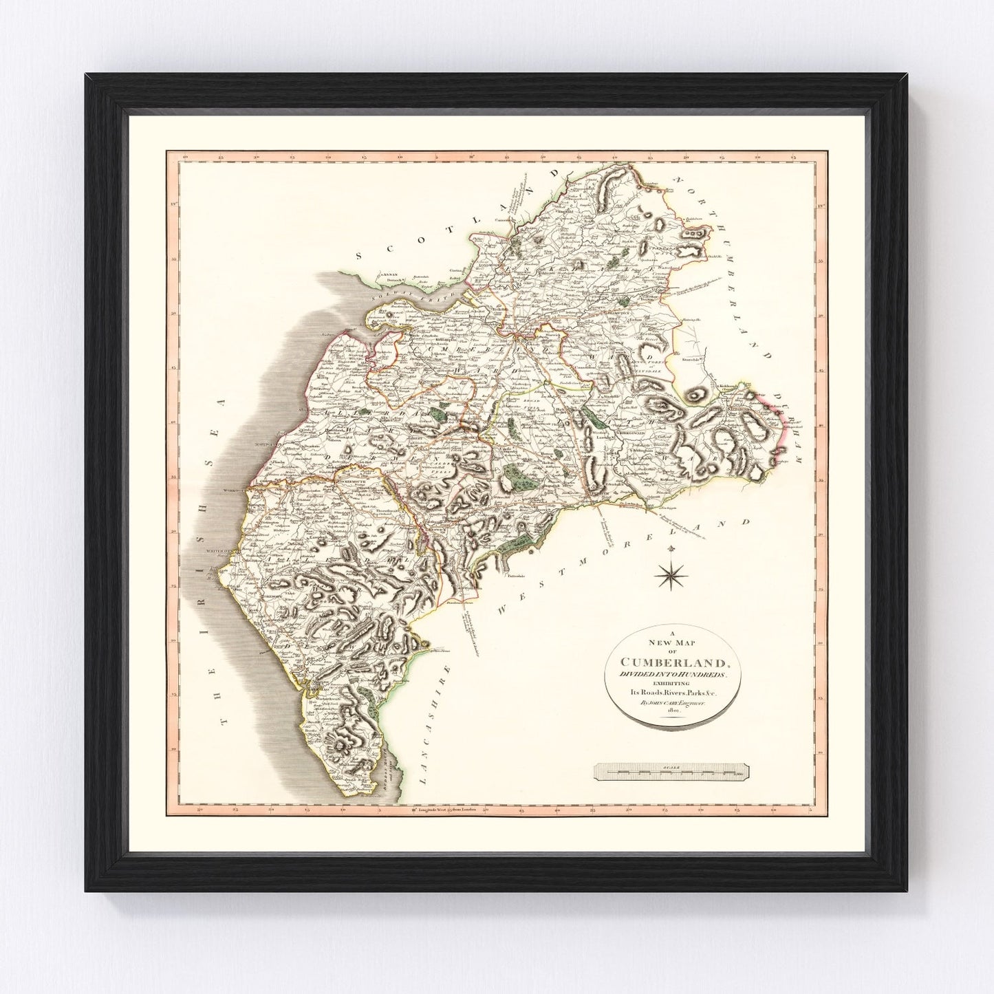 vintage map of Cumberland County, England, 1801