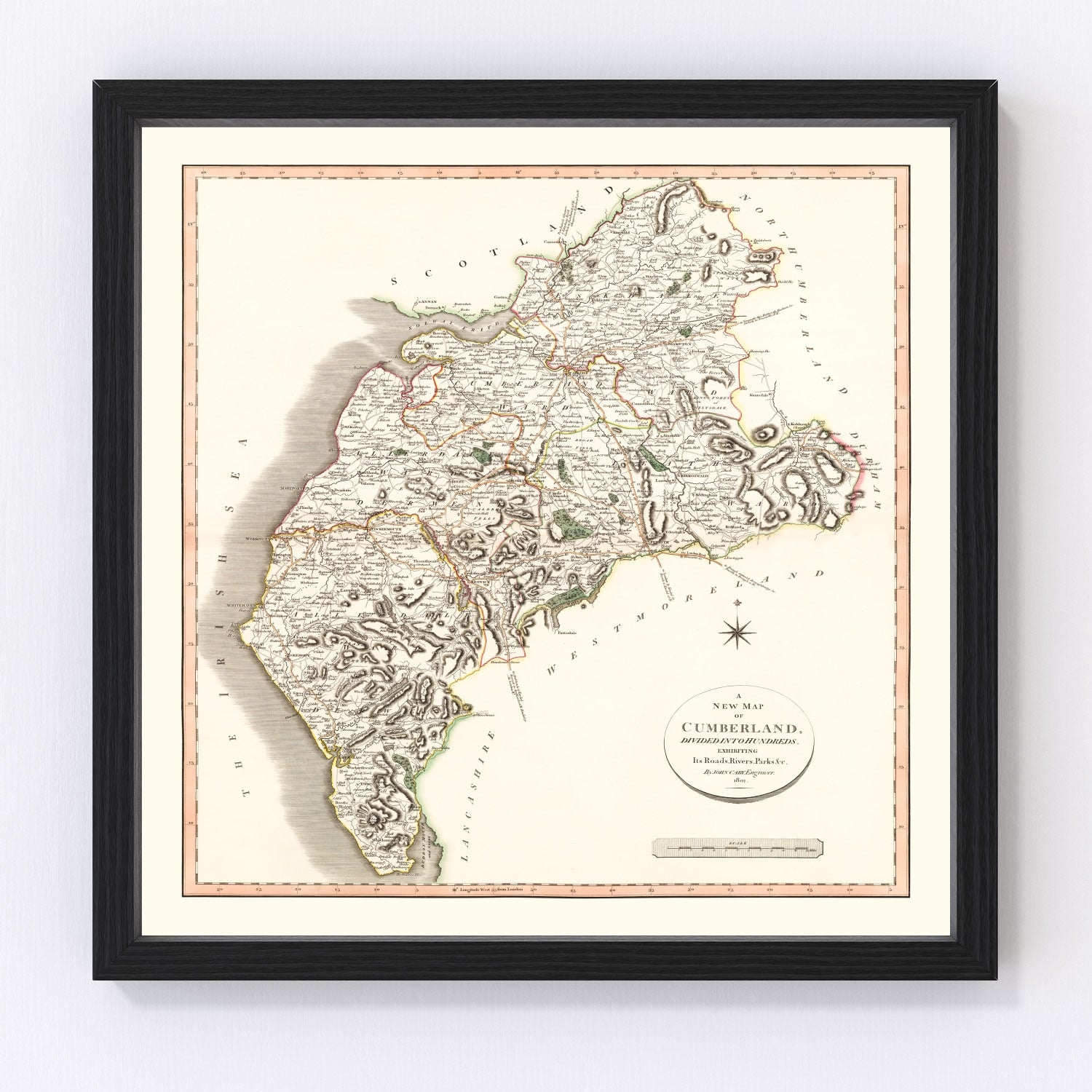 vintage map of Cumberland County, England, 1801