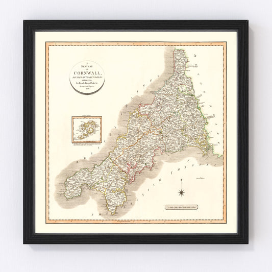 Vintage map of Cornwall, England, 1806