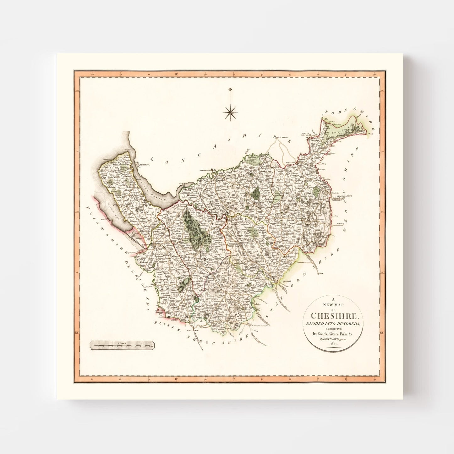 Vintage Map of Cheshire County, England, 1808
